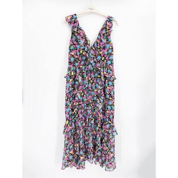 AMUR Evita Silk Multicolor Floral Print Chiffon Ruffled V-Neck Maxi Dress Sz 14 - Picture 6 of 7